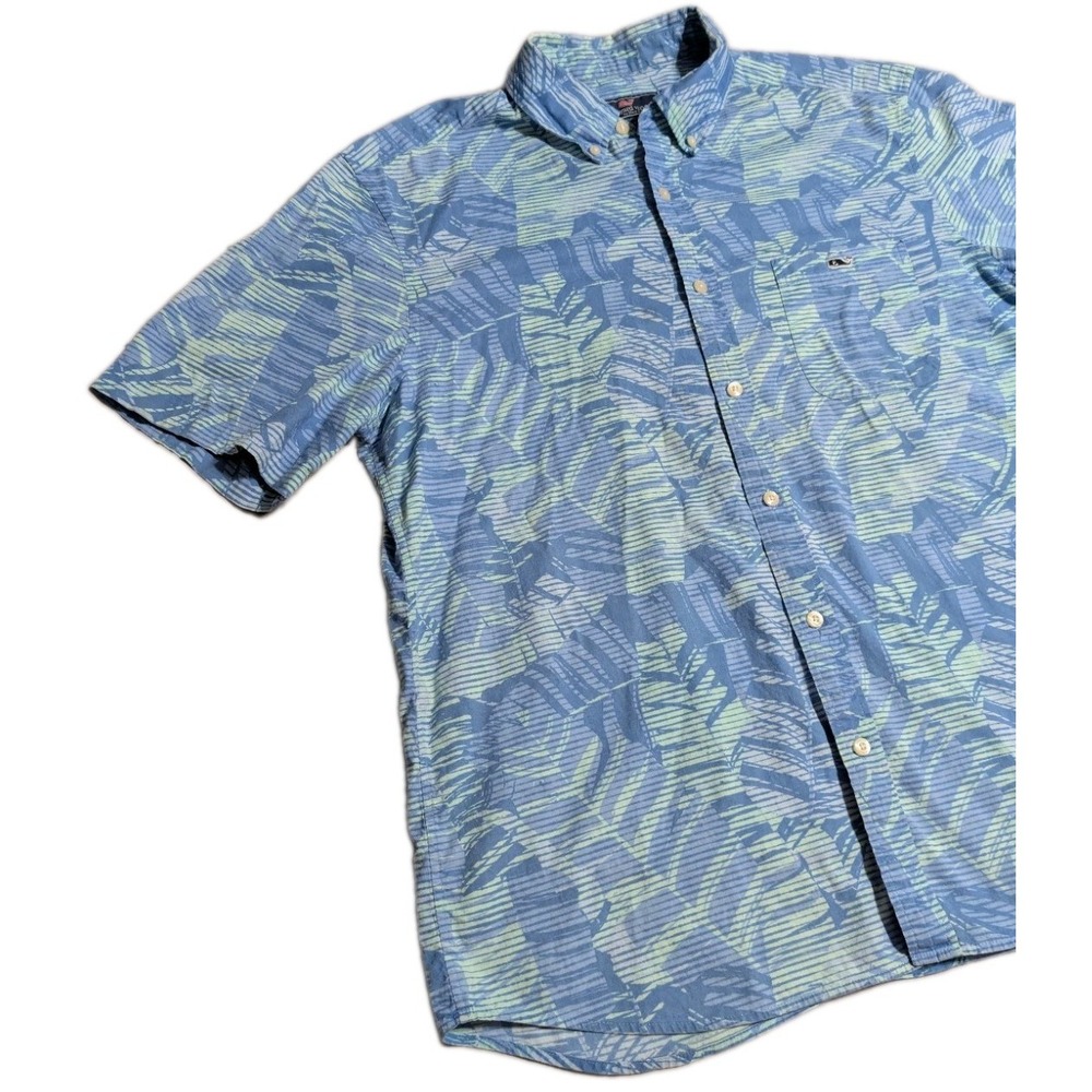 Vineyard Vines Mens Large Tropical Palm Leaf Short Sleeve Button Down Shirt Blue - Picture 5 of 7